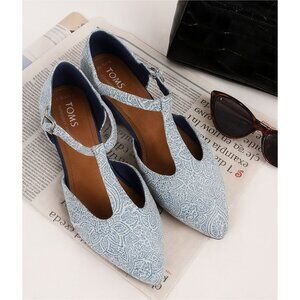 TOMS Jutti T-Strap Flats Blue Tiles Mosaic Tapestry Pattern Comfort Shoes 8.5W